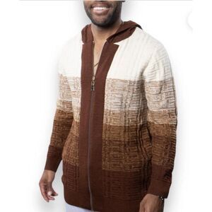 PRESTIGE ORIGINAL L Wool Hooded Sweater Knit Jacket Brown Cardigan zip up men’s